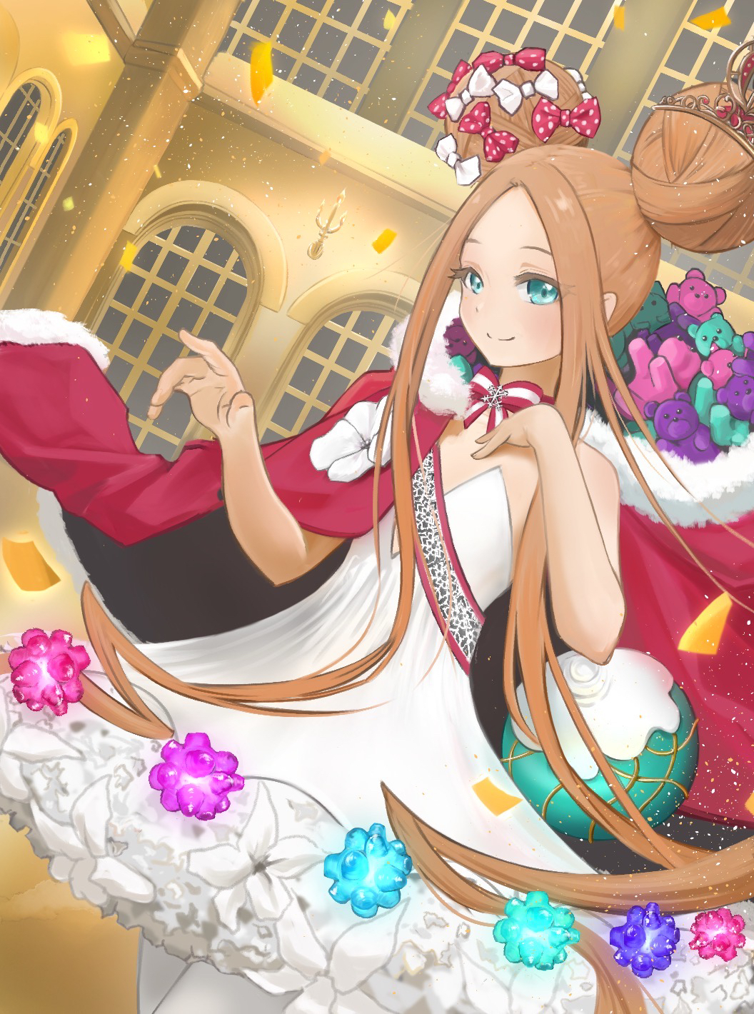 1girl abigail_williams_(fate) abigail_williams_(santa)_(fate) bare_shoulders blonde_hair blue_eyes blush bow breasts cloak double_bun dress fate/grand_order fate_(series) forehead fur-trimmed_cloak fur_trim hair_bow hair_bun highres long_hair looking_at_viewer pantyhose parted_bangs red_bow red_cloak sash sidelocks small_breasts smile solo stuffed_animal stuffed_toy teddy_bear tiara very_long_hair white_bow white_dress white_pantyhose yukiiro_b