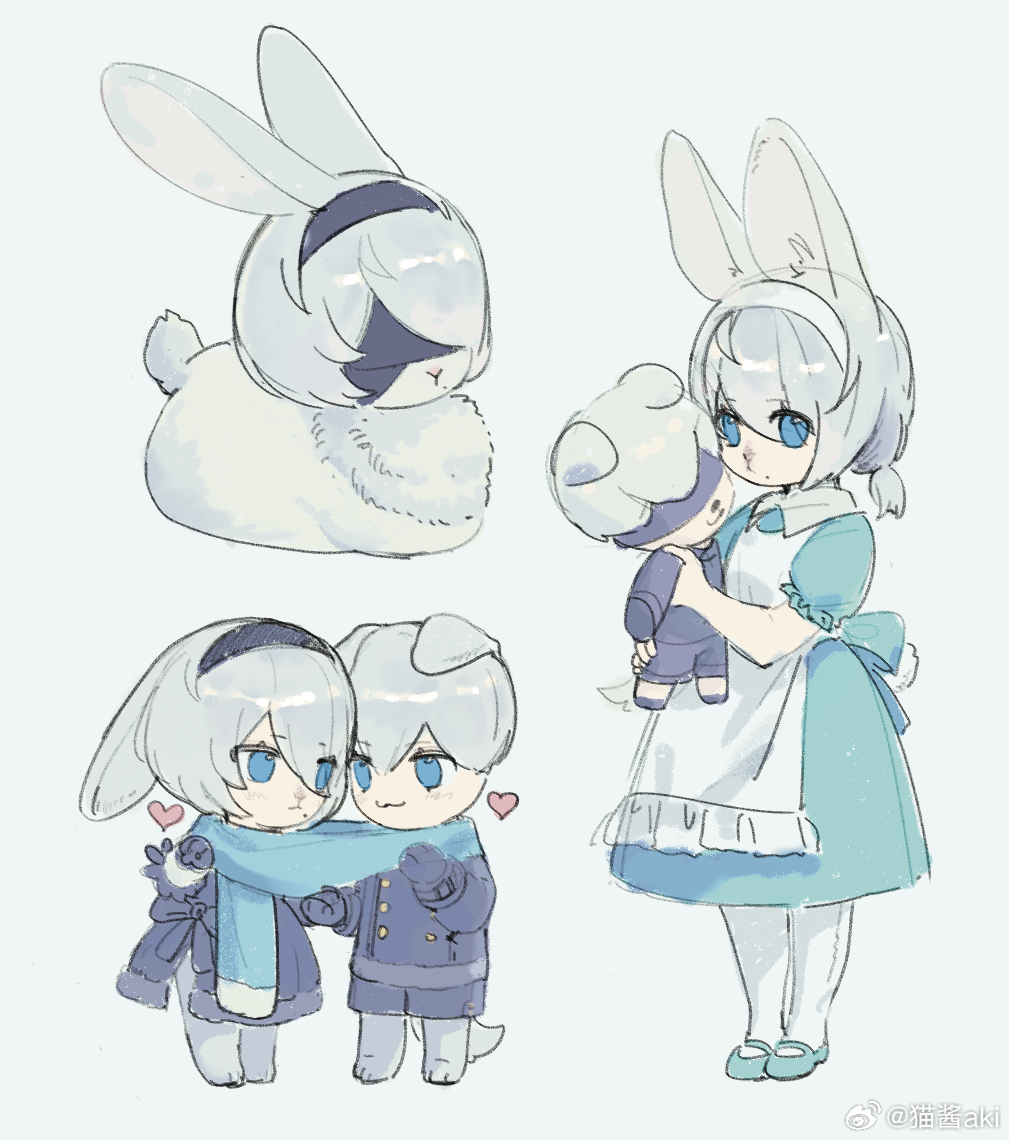 1boy 1girl 2b_(nier:automata) 9s_(nier:automata) :3 animal_ears animal_feet animalization apron aqua_bow aqua_dress back_bow black_blindfold black_coat black_dress black_gloves black_hairband black_shorts blindfold blue_background blue_eyes blue_scarf bob_cut bow buttons chibi closed_mouth coat dog_boy dog_tail double-breasted dress eyelashes eyes_visible_through_hair floppy_ears frilled_apron frilled_sleeves frills furrification furry furry_female furry_male gloves grey_hair hairband heart holding maojiang_aki medium_dress mole mole_under_mouth multiple_views nier:automata nier_(series) puffy_short_sleeves puffy_sleeves rabbit rabbit_ears rabbit_girl rabbit_tail scarf shared_clothes shared_scarf short_hair short_sleeves shorts simple_background tail white_apron white_hairband