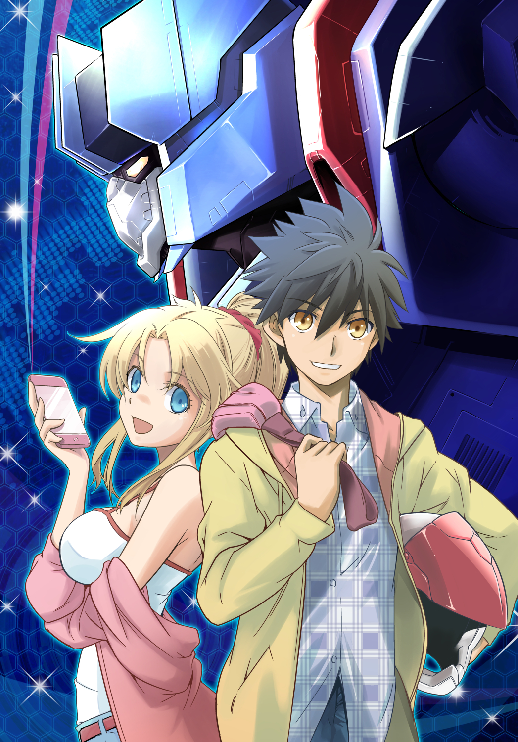 10s 1boy 1girl :d black_hair blonde_hair blue_eyes breasts buddy_complex cellphone chloe_villa grin helmet highres ichijo_haku jacket mecha medium_breasts official_art open_mouth phone robot saitou_sakae scrunchie smartphone smile yellow_eyes