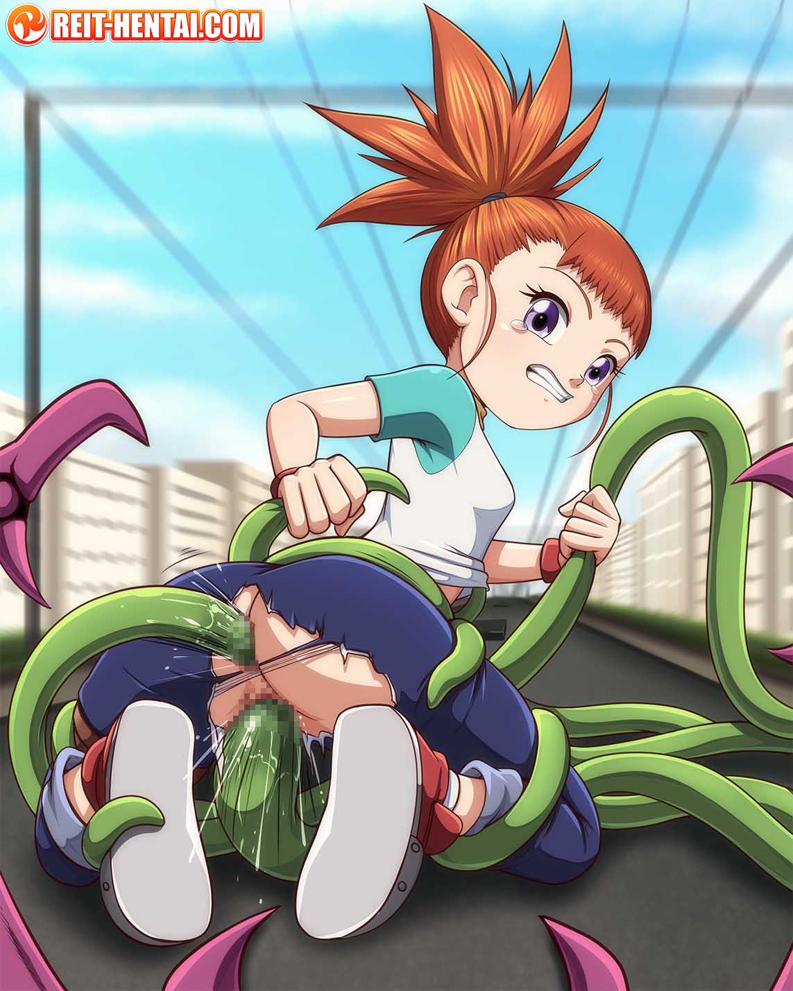 blue_eyes brown_hair digimon digimon_tamers:_boso_digimon_tokkyu hair_ornament hairpin highres long_hair makino_ruki parasimon ponytail tentacle_sex tentacles