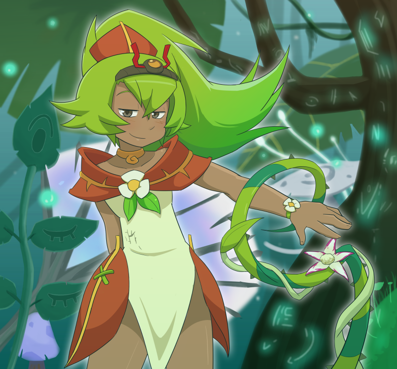 1girl alternate_costume alternate_hairstyle amalia_sheran_sharm bracelet brown_eyes choker dark-skinned_female dark_skin dress female_focus fen_(gunpura) flower green_hair gunpura hairband half-closed_eyes jewelry leaf long_hair looking_at_viewer plant ponytail sadida smile solo vines wakfu