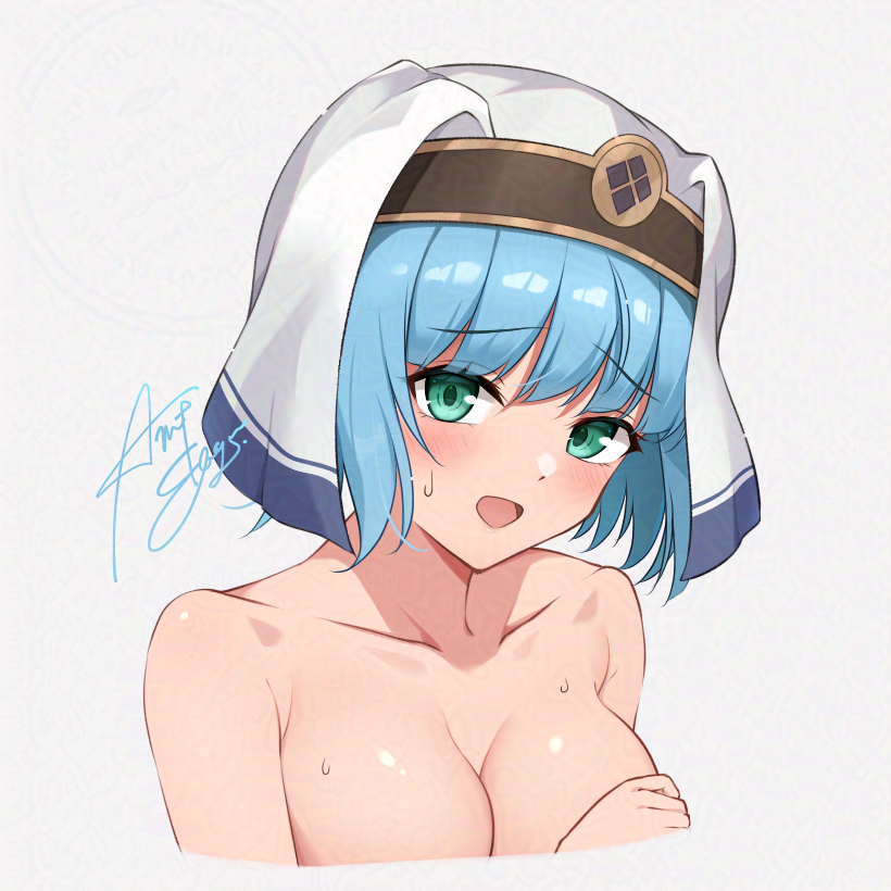 1girl ameno_sagiri_(artist) aqua_eyes blue_hair blush breasts coif collarbone commentary_request fire_emblem fire_emblem_echoes:_shadows_of_valentia furrowed_brow large_breasts looking_at_viewer nintendo open_mouth signature silque_(fire_emblem) simple_background solo sweat upper_body white_background