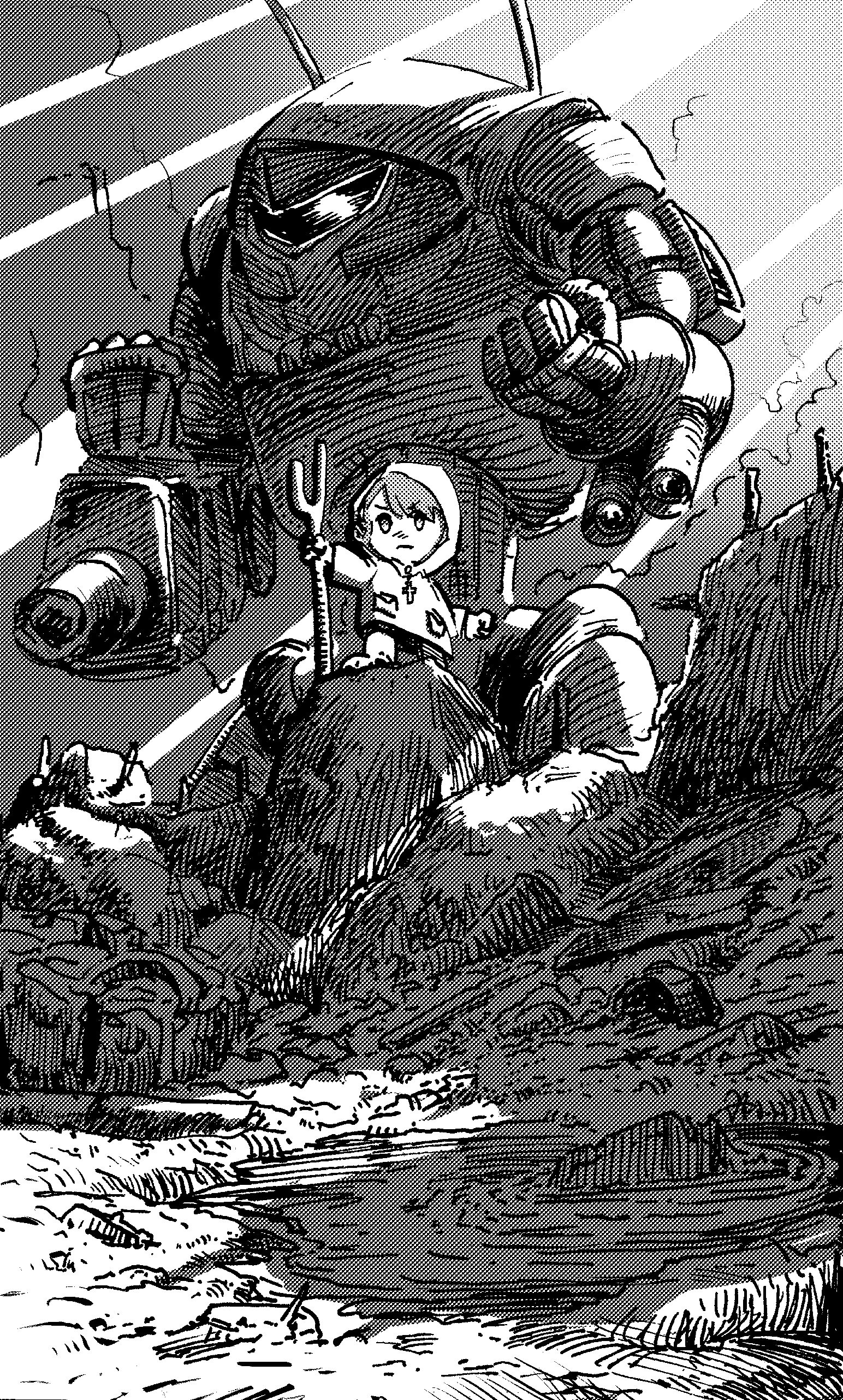 1girl :| absurdres arm_cannon backlighting battletech cane cannon closed_mouth commentary cross crossover english_commentary full_body greyscale high_collar highres holding holding_cane hood hooded_coat jubilee_2025 latin_cross luce_(jubilee_2025) mecha mecha_focus meltdonw14 monochrome outdoors raincoat robot rosary rubble standing v-shaped_eyebrows weapon wraith_(battletech)