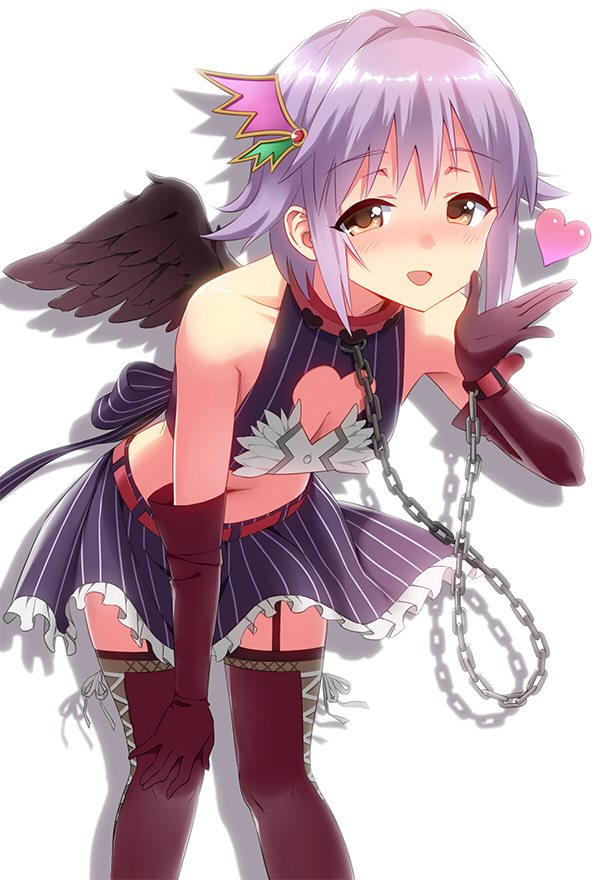 10s 1girl :d bad_id bad_pixiv_id black_thighhighs blush brown_hair chain cleavage_cutout clothing_cutout collar cuffs elbow_gloves female_focus garter_straps gloves hand_on_leg heart heart_cutout idolmaster idolmaster_cinderella_girls koshimizu_sachiko light_purple_hair long_hair looking_at_viewer open_mouth short_hair skirt smile solo sonsoso thighhighs white_background wings