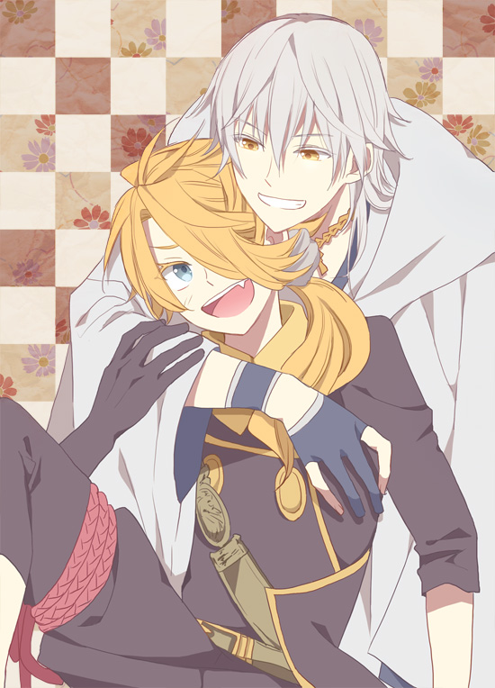 10s 2boys black_gloves blonde_hair blue_eyes capri_pants checkered_background fang gloves grin hair_over_one_eye long_hair male_focus multiple_boys open_mouth pants partially_fingerless_gloves ponytail shishiou_(touken_ranbu) smile touken_ranbu tsurumaru_kuninaga white_hair yellow_eyes yupopo_(hidame)