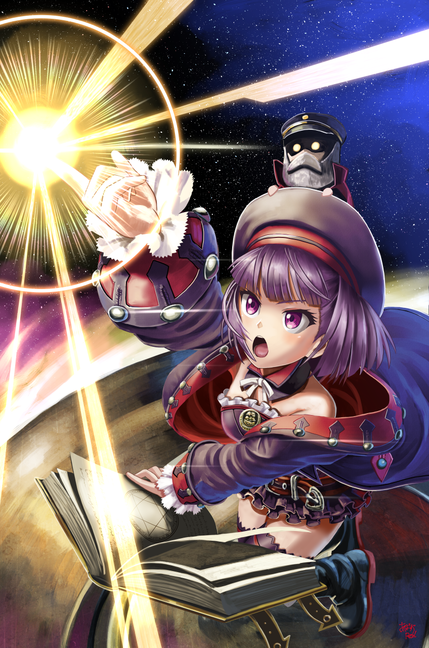 1girl abazu-red blush book commentary_request fate/grand_order fate_(series) female_focus hat helena_blavatsky_(fate) helena_blavatsky_(third_ascension)_(fate) highres looking_at_viewer open_mouth outstretched_arm purple_eyes purple_hair sefirot short_hair sky solo star_(sky) starry_sky strapless thighhighs