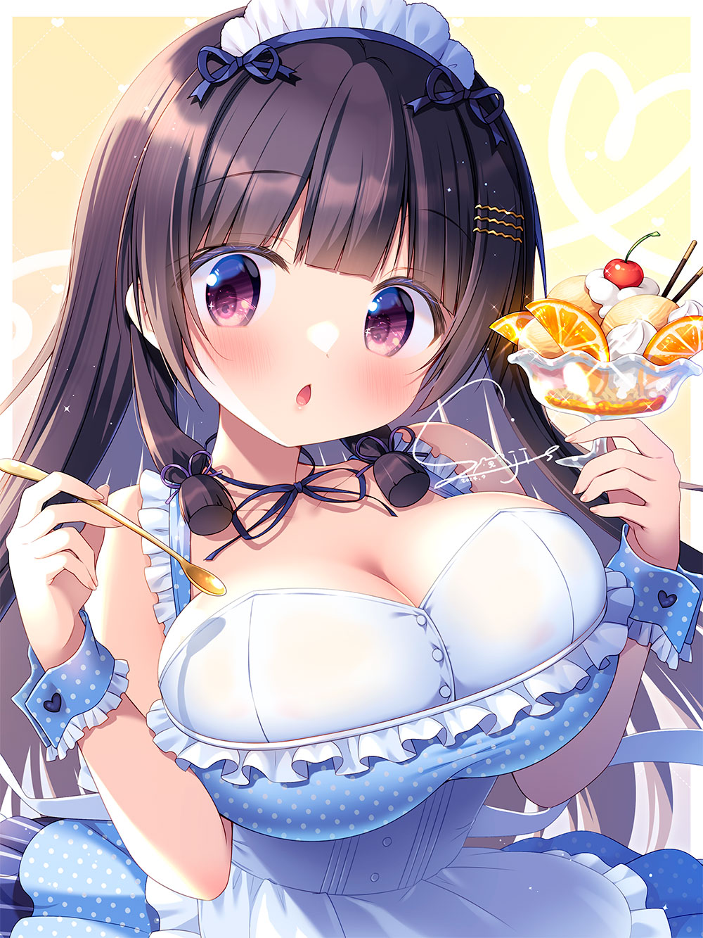 1girl apron bare_shoulders black_hair blue_dress breasts chestnut_mouth commentary_request dated dress frilled_apron frills hair_ornament hairclip heart highres holding holding_spoon large_breasts long_hair looking_at_viewer maid maid_headdress original parfait parted_lips polka_dot polka_dot_dress purple_eyes sasai_saji signature solo spoon very_long_hair white_apron wrist_cuffs