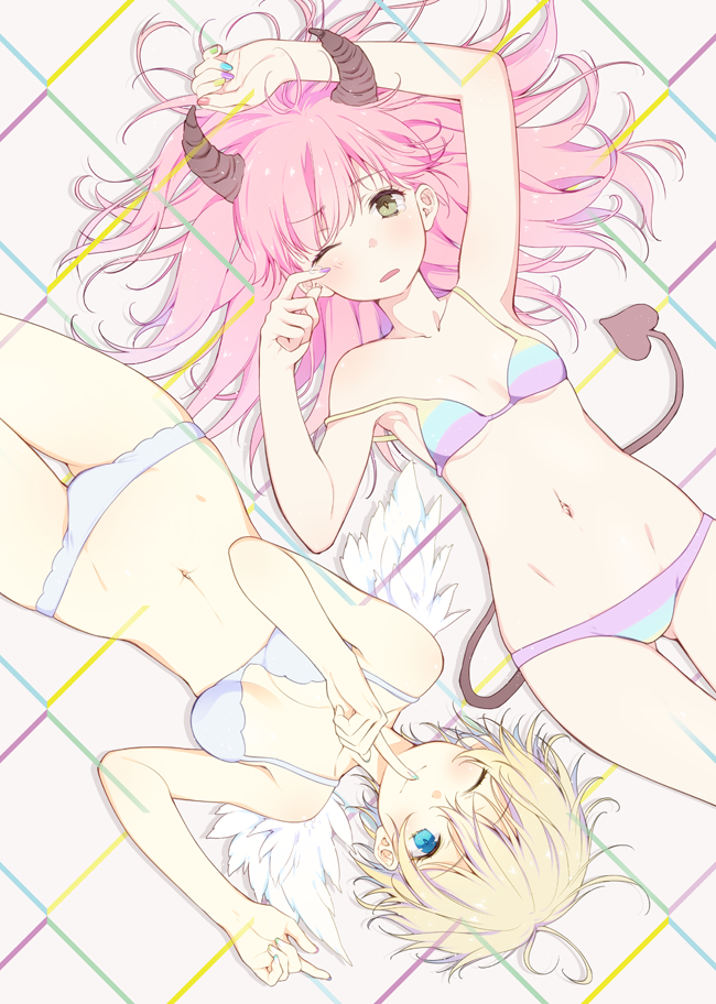 2girls angel_and_devil angel_wings bikini blonde_hair blue_eyes blush breasts demon_girl demon_tail finger_to_mouth green_eyes horns long_hair looking_at_viewer lying multicolored_nails multiple_girls nail_polish on_back original pink_hair short_hair small_breasts smile striped_bikini striped_clothes swimsuit tail tears wince wings wogura