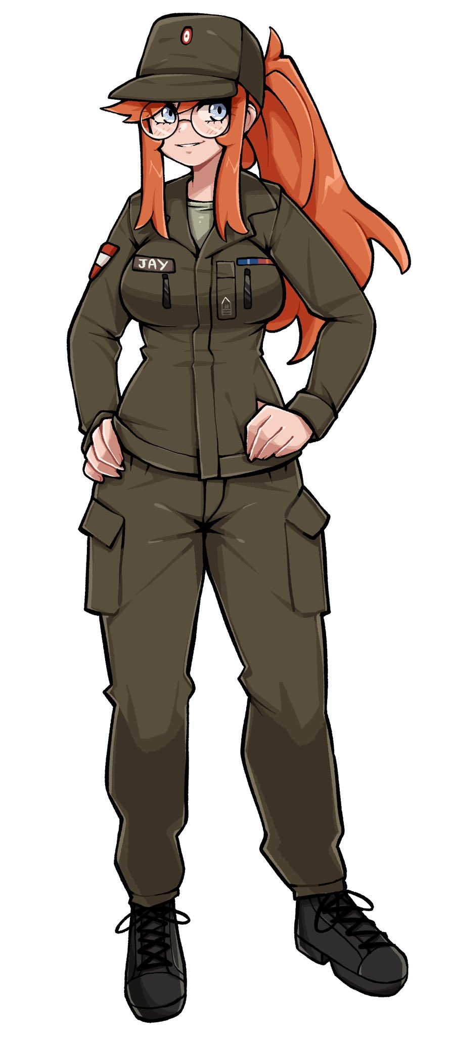 blush commission glasses hat military_hat military_uniform name_tag oninuer ponytail red_hair siri_jay