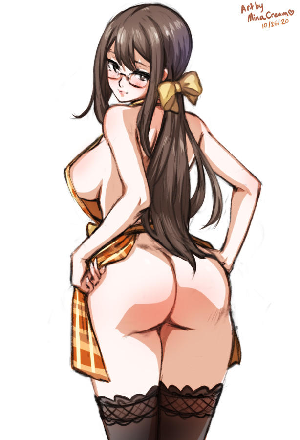 1girl apron ass back blush bow breasts brown_eyes brown_hair butt_crack from_behind glasses hair_bow huge_ass juusan_kihei_bouei_ken lace lace-trimmed_legwear lace_trim large_breasts long_hair looking_back mina_cream naked_apron nude plaid_apron plaid_clothes ponytail sideboob solo thighhighs thighs yakushiji_megumi