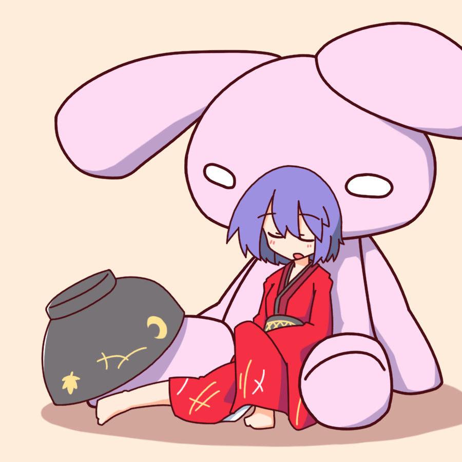 1girl bowl closed_eyes female_focus hat japanese_clothes kakinoki_mikan_(kari) kimono mini_person minigirl obi open_mouth purple_hair sash short_hair sleeping solo sukuna_shinmyoumaru touhou unworn_hat unworn_headwear