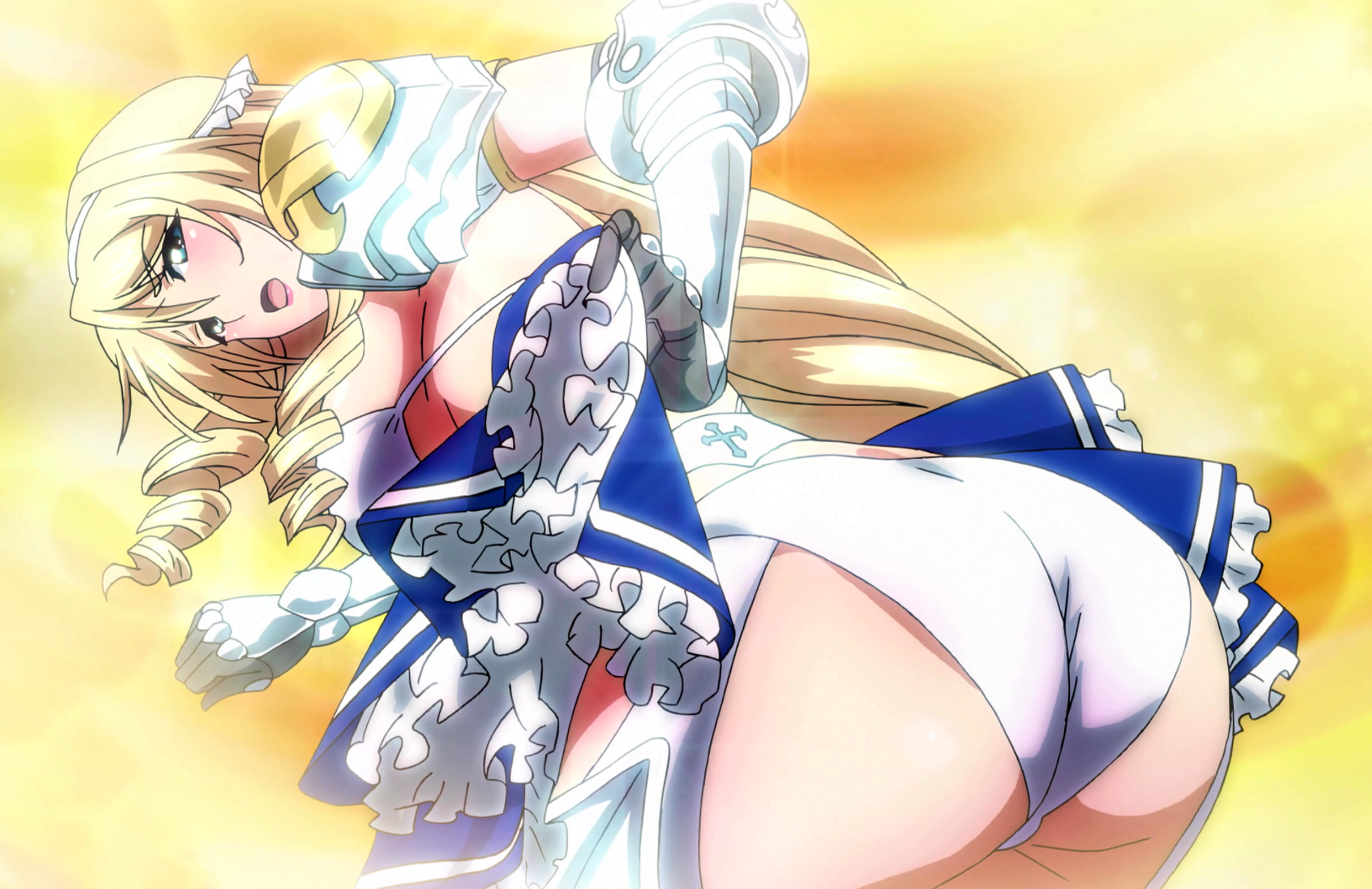 paladin (bikini warriors), bikini warriors, highres, stitched, third-party  edit, 10s, 1girl, ass, back, bikini, blonde hair, blush, bra, breasts,  female focus, gradient background, huge ass, large breasts, long hair, open  mouth, panties,