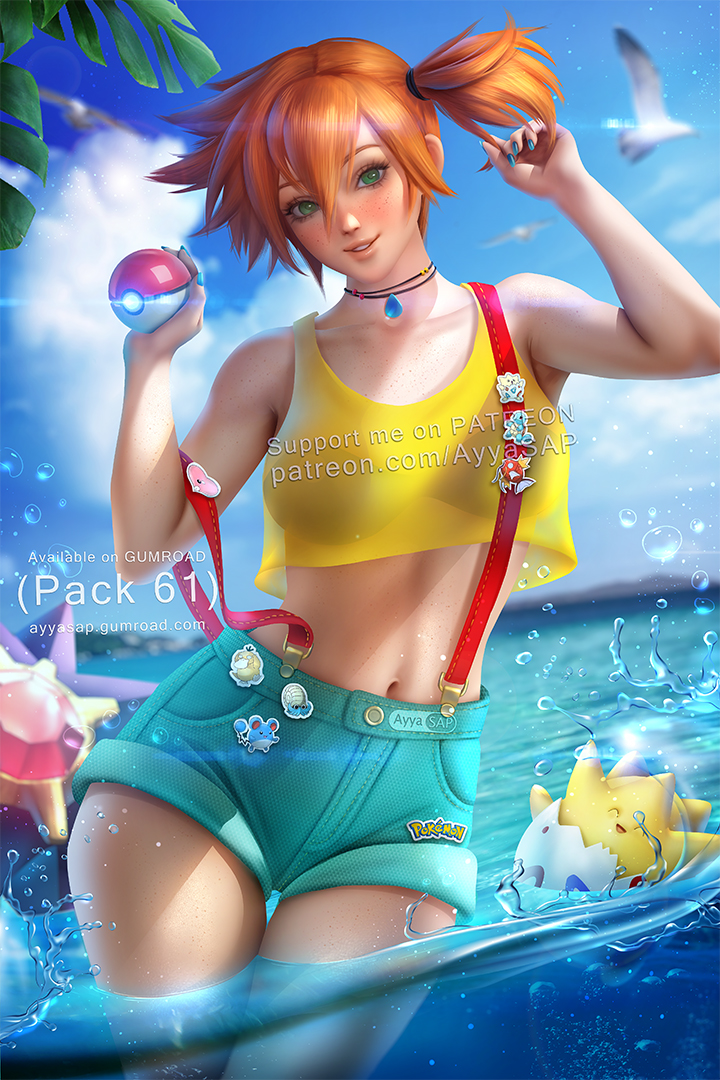 1girl aqua_shorts artist_name ayya_sap bird blue_sky blush breasts cloud creatures_(company) crop_top day denim denim_shorts english_text freckles game_freak gen_1_pokemon gen_2_pokemon gen_3_pokemon green_eyes holding jewelry large_breasts looking_at_viewer luvdisc marill midriff misty_(pokemon) navel necklace nintendo omanyte orange_hair outdoors partially_underwater_shot patreon_username poke_ball poke_ball_(basic) pokemon pokemon_(anime) pokemon_(classic_anime) pokemon_(creature) psyduck realistic shirt short_ponytail shorts side_ponytail sky squirtle standing starmie sticker togepi wading water watermark web_address yellow_shirt