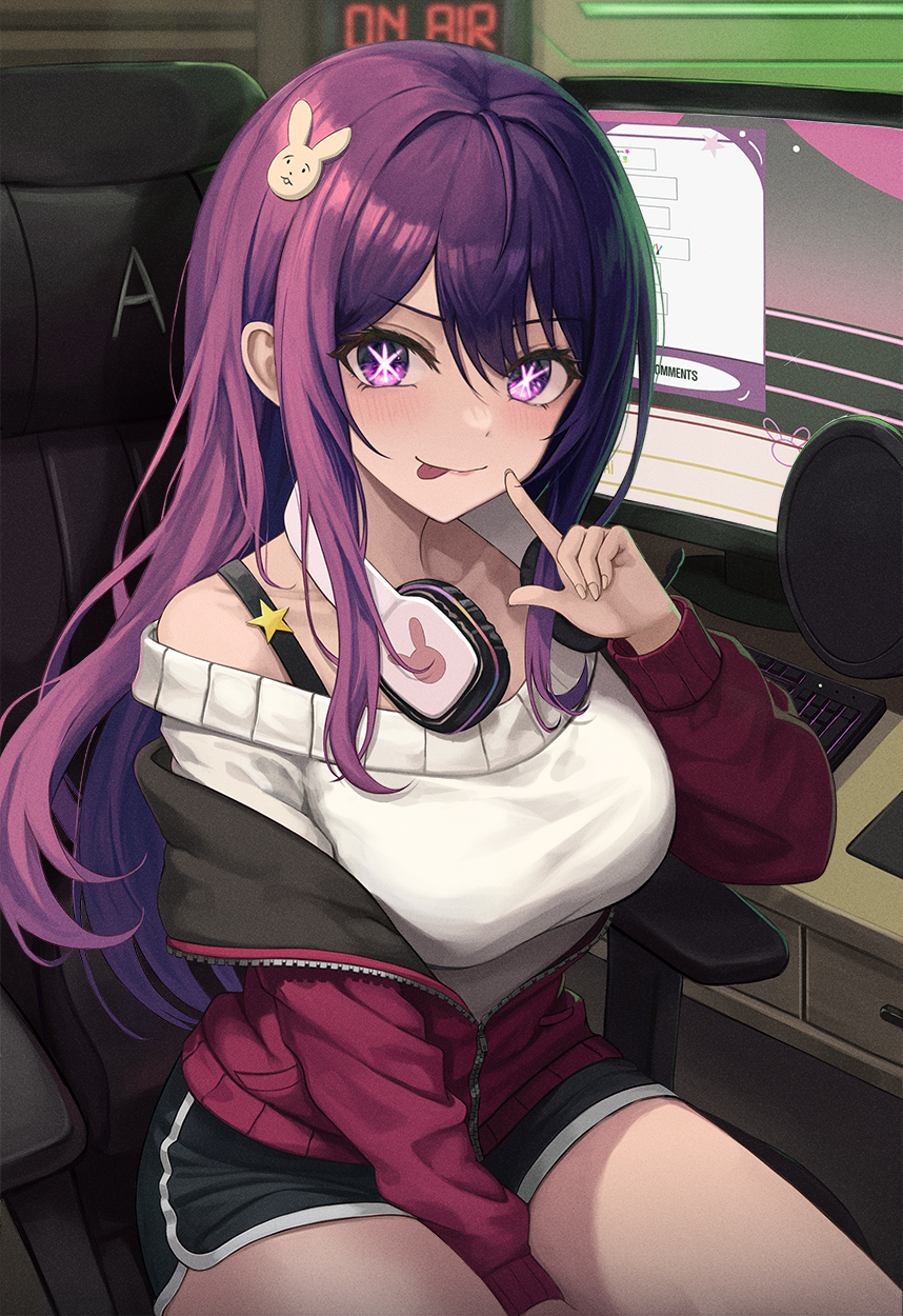 1girl :p alternate_costume arm_between_legs black_shorts casual chair closed_mouth commentary_request computer_keyboard cowboy_shot hair_ornament hand_up headphones headphones_around_neck highres hood hoodie hoshino_ai indoors long_hair long_sleeves looking_at_viewer microphone monitor mookyuu9 off_shoulder oshi_no_ko partially_unzipped purple_eyes purple_hair rabbit_hair_ornament red_hoodie shirt shorts sitting solo star-shaped_pupils star_(symbol) symbol-shaped_pupils tongue tongue_out white_shirt