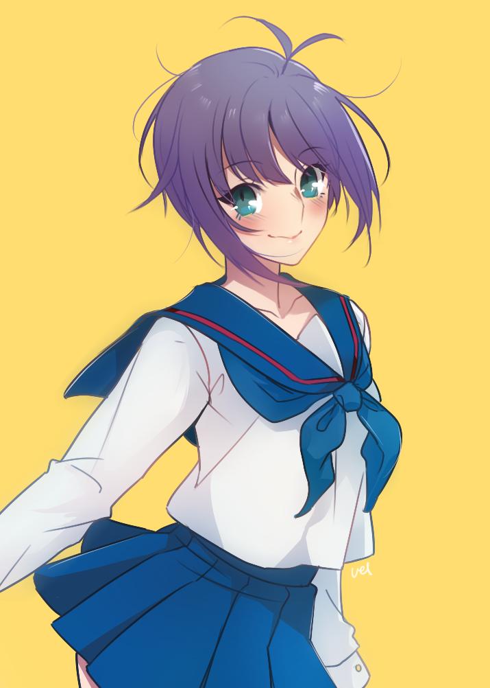 1girl ahoge bad_id bad_twitter_id blue_skirt female_focus flat_chest green_eyes looking_at_viewer melty_blood petite purple_hair sailor_collar school_uniform seo_akira serafuku sidelocks simple_background skirt smile solo tsukihime