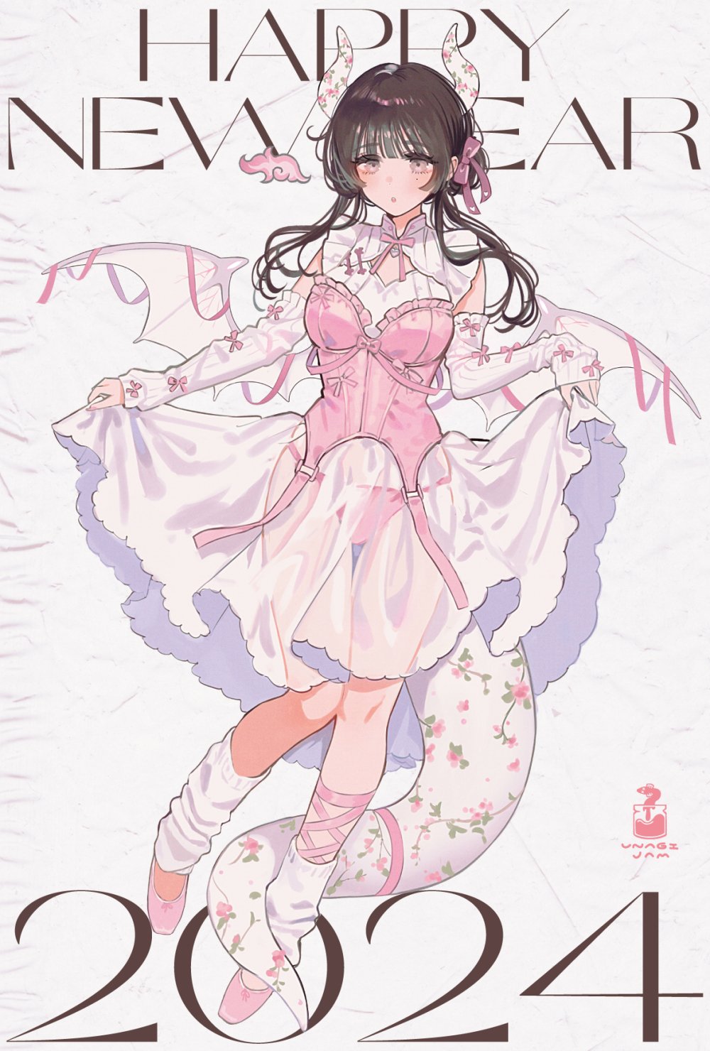 1girl 2024 :o black_hair chinese_zodiac commentary_request corset detached_sleeves dragon_girl dragon_horns dragon_tail dragon_wings dress full_body grey_eyes hair_ribbon happy_new_year highres horns long_hair loose_socks miyako_(xxxbibit) mole mole_under_eye new_year original panties pink_footwear pink_panties ribbon see-through_clothes see-through_dress skirt_hold sleeves_past_wrists socks solo tail underwear wing_ribbon wings year_of_the_dragon