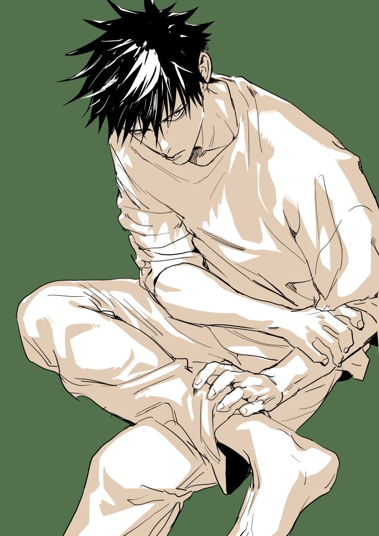 1boy barefoot black_hair closed_mouth fushiguro_megumi green_background juju_net jujutsu_kaisen long_sleeves male_focus pants partially_colored solo sweater