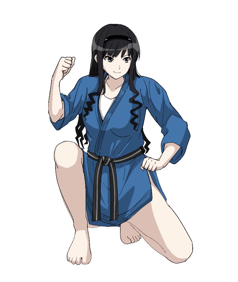 1girl amagami bare_legs barefoot black_eyes black_hair black_hairband blue_shirt clenched_hands closed_mouth collarbone curly_hair dougi fighting_stance full_body gyuunyuu_pack_(tanaka) hairband hand_up japanese_clothes kimono kneeling long_hair long_sleeves martial_arts_belt morishima_haruka obi sash shirt short_kimono simple_background solo spread_legs squatting thighs three_quarter_view tiptoes toes white_shirt