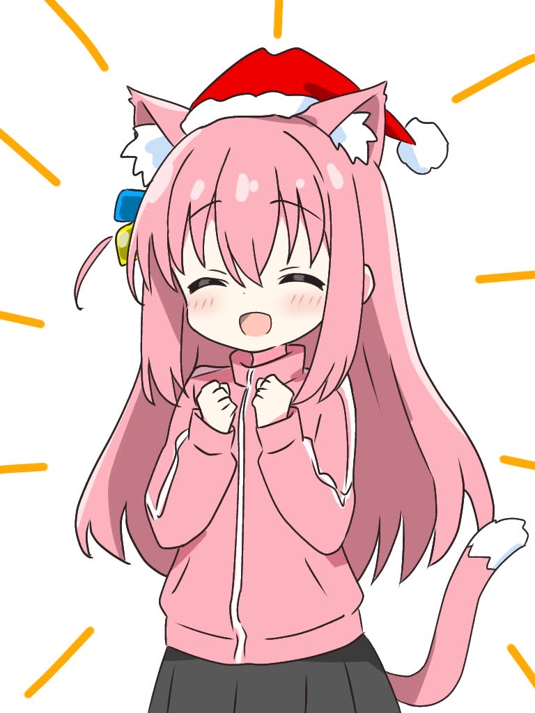 1girl :d ^_^ animal_ear_fluff animal_ears blush bocchi_the_rock! cat_ears cat_tail clenched_hands closed_eyes closed_mouth commentary_request cube_hair_ornament dot_nose fur-trimmed_headwear fur_trim gotoh_hitori grey_skirt hair_ornament hands_up hat jacket kemonomimi_mode kotatsu-mazoku long_hair long_sleeves one_side_up open_mouth pink_hair pink_jacket pleated_skirt pom_pom_(clothes) red_hat santa_hat sidelocks simple_background skirt smile solo tail track_jacket upper_body white_background