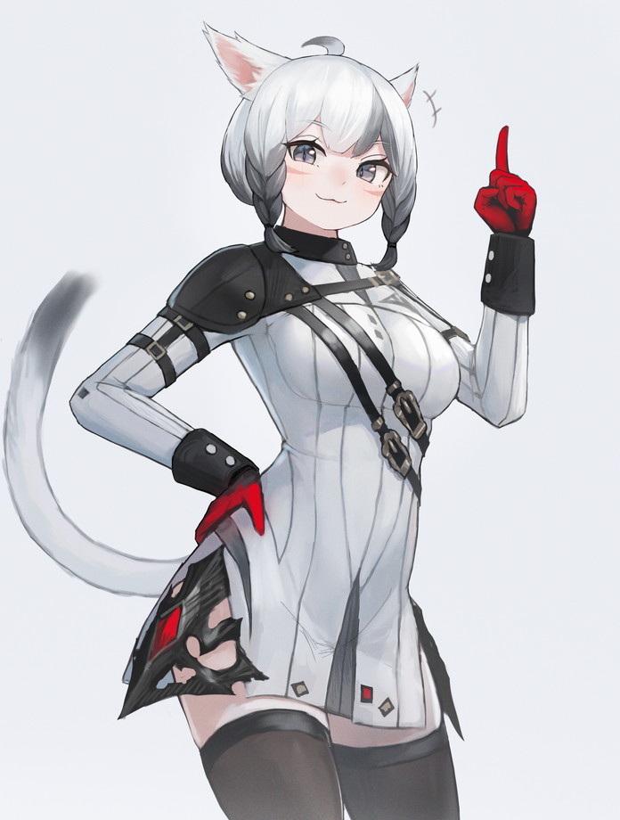 1girl :3 ahoge animal_ears warrior_of_light_(ff14) bad_id bad_pixiv_id black_thighhighs braid breasts cat cat_ears cowboy_shot fictional_persona final_fantasy final_fantasy_xiv gloves grey_eyes hand_on_own_hip looking_at_viewer medium_breasts mihato_senba miqo&#039;te multicolored_hair red_gloves short_hair smile solo thighhighs twin_braids two-tone_hair