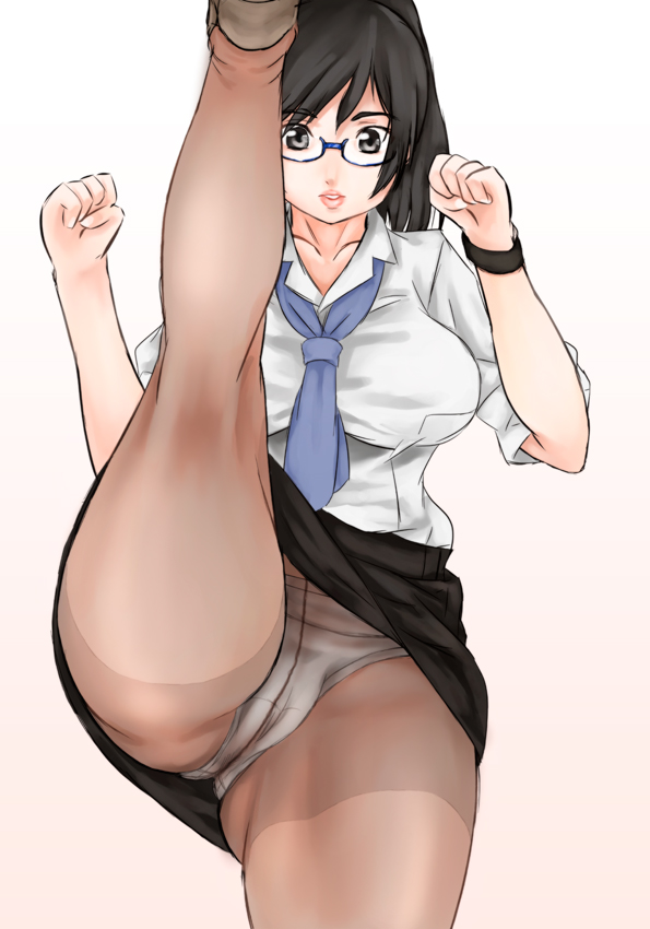 1girl black_eyes black_hair crotch_seam female_focus glasses high_kick holon kicking necktie panties panties_under_pantyhose pantyhose pantyshot real_drive scharfschutze sleeves_rolled_up solo split standing standing_on_one_leg standing_split thick_thighs thighs underwear upskirt wristband