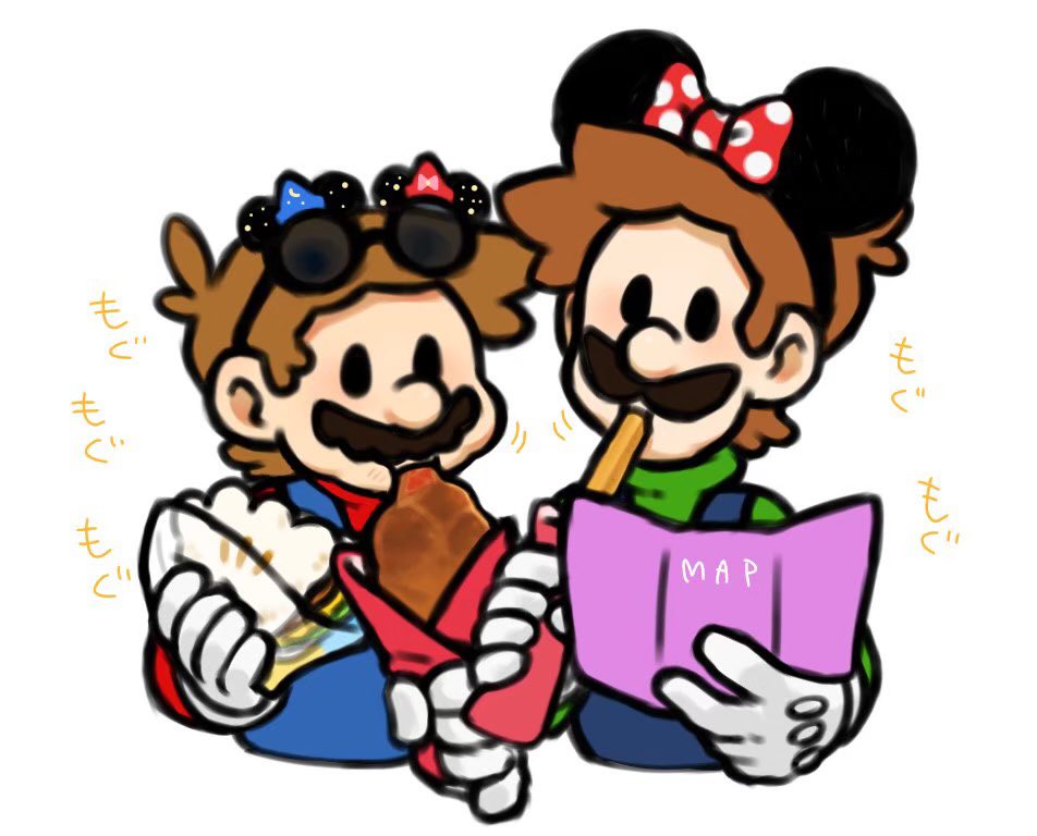 2boys blue_overalls bow brown_hair facial_hair hat luigi male_focus map mario mario_(series) mickey_mouse_ears mimimi_(mimimim9999) minnie_mouse_ears multiple_boys mustache nintendo overalls shirt short_hair simple_background sunglasses translation_request unworn_hat unworn_headwear