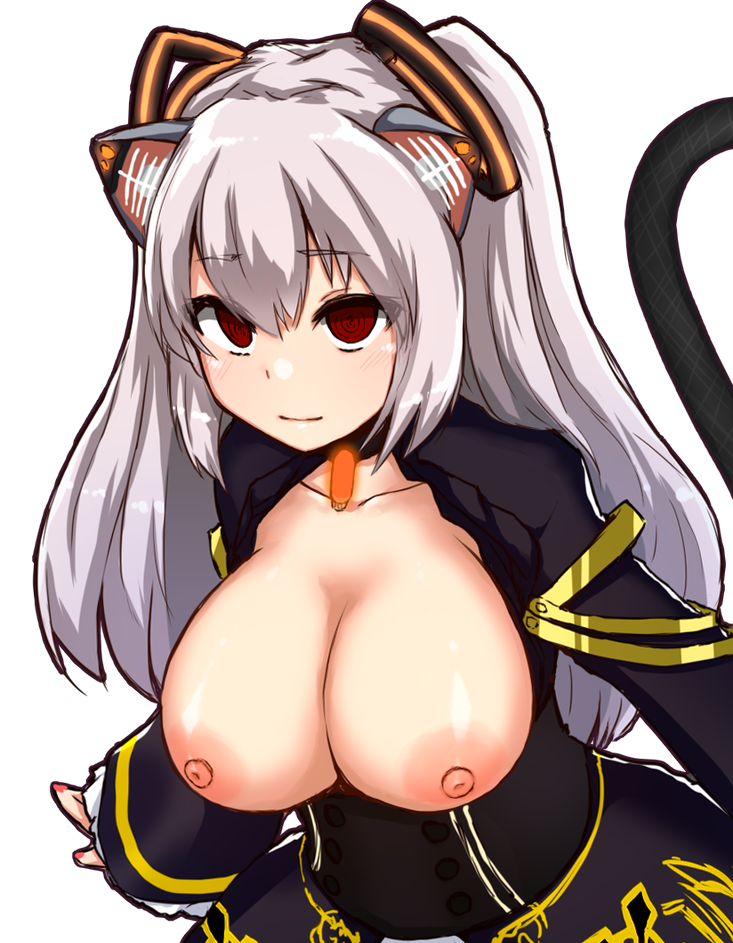 animal_ears breasts breasts_out cat_tail closed_mouth dress fake_animal_ears glowing hair_between_eyes large_breasts long_hair nipples nora_cat nora_cat_channel open_clothes open_dress red_eyes simple_background smile tail varitora virtual_youtuber white_background white_hair