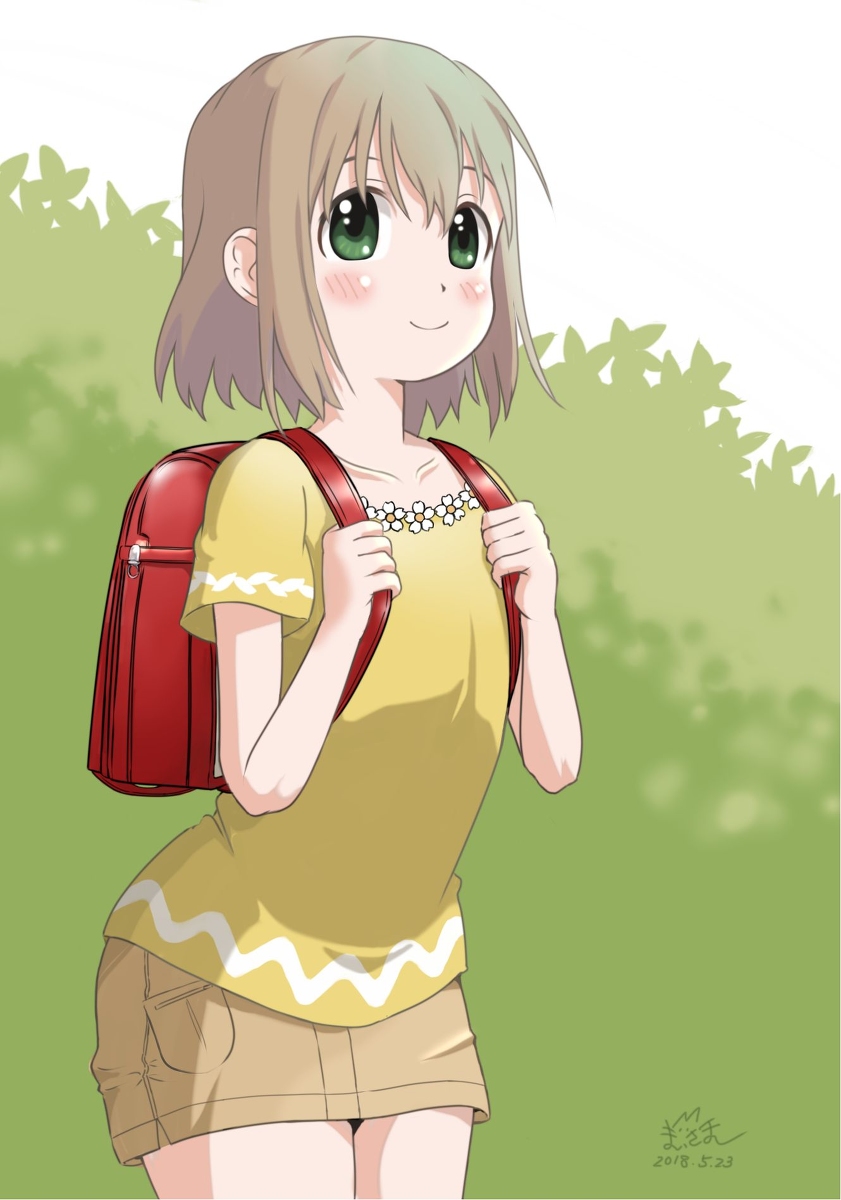 1girl 2018 backpack bag bare_legs blush brown_skirt collarbone dated day dot_nose feet_out_of_frame female_focus flower green_hair hair_ornament hairclip highres legs looking_at_viewer miniskirt outdoors randoseru short_hair short_sleeves skirt smile solo standing su6546age thighs yama_no_susume yukimura_aoi