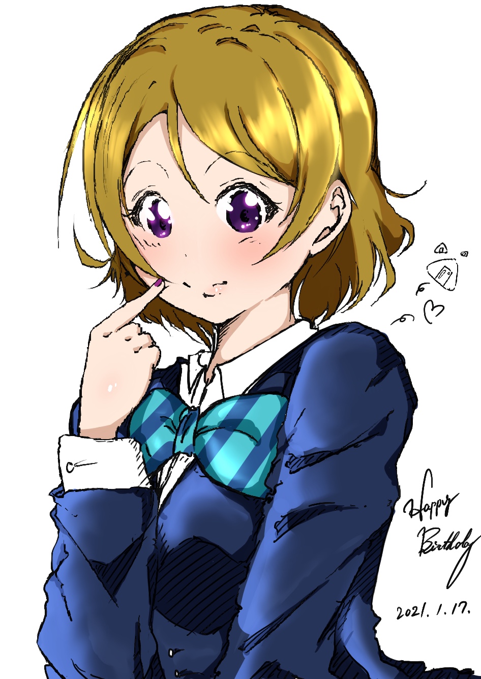 1girl artist_name artist_request blue_bow blue_cardigan blue_jacket blush bow bowtie breasts brown_hair cardigan collared_shirt female_focus hair_between_eyes highres jacket koizumi_hanayo long_sleeves looking_at_viewer love_live! love_live!_school_idol_project marukana_seimen medium_breasts nail_polish nails otonokizaka_school_uniform parted_lips purple_eyes purple_nails school_uniform shira_sh1ra shiralog_(shirashira) shirt short_hair solo striped_bow upper_body white_background white_shirt