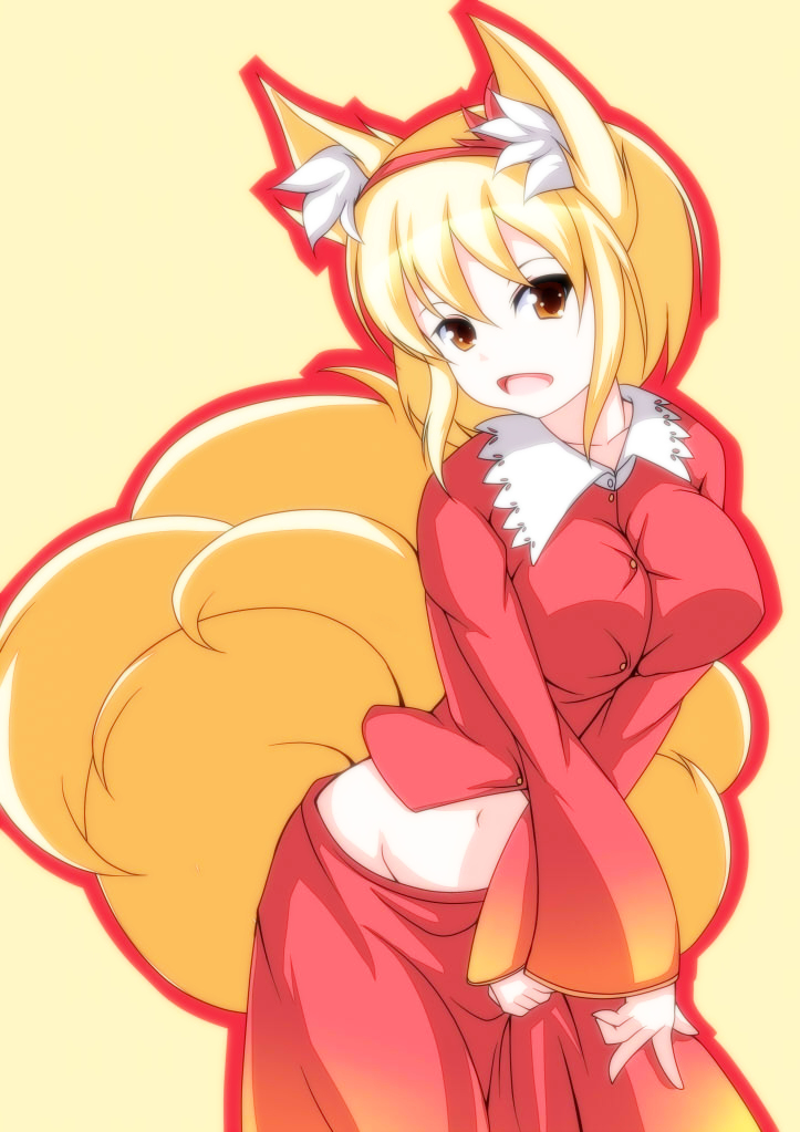 1girl aki_shizuha aki_shizuha_(cosplay) animal_ears blonde_hair blush cosplay female_focus fox_ears fox_tail hairband leaf long_sleeves merry_(diameri) multiple_tails open_mouth short_hair skirt solo tail touhou yakumo_ran yellow_eyes