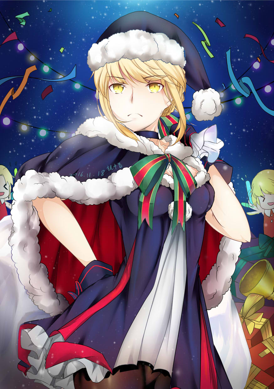 &gt;_&lt; 1girl :d artoria_pendragon_(fate) blonde_hair breasts cape choker christmas_lights closed_eyes fate/grand_order fate_(series) female_focus fur-trimmed_cape fur_trim gift gloves hand_on_own_hip hands_on_own_hips hat highres jingzhongyin open_mouth pantyhose saber_(fate) saber_alter sack santa_alter santa_hat smile solo xd yellow_eyes