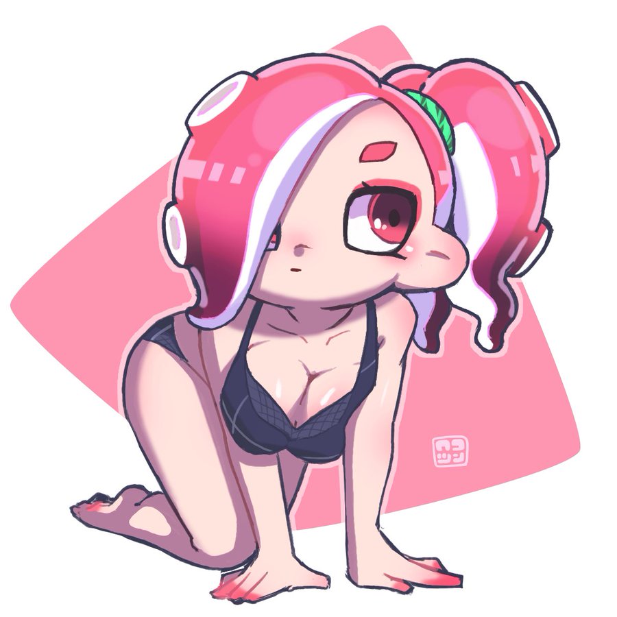 1girl all_fours barefoot black_bra black_panties blush bra breasts cleavage collarbone hair_over_one_eye large_breasts long_hair looking_to_the_side nintendo octoling octoling_girl octoling_player_character octopus_girl panties pointy_ears ponytail red_eyes red_hair side_ponytail splatoon_(series) suction_cups tentacle_hair underwear whichdoll white_background