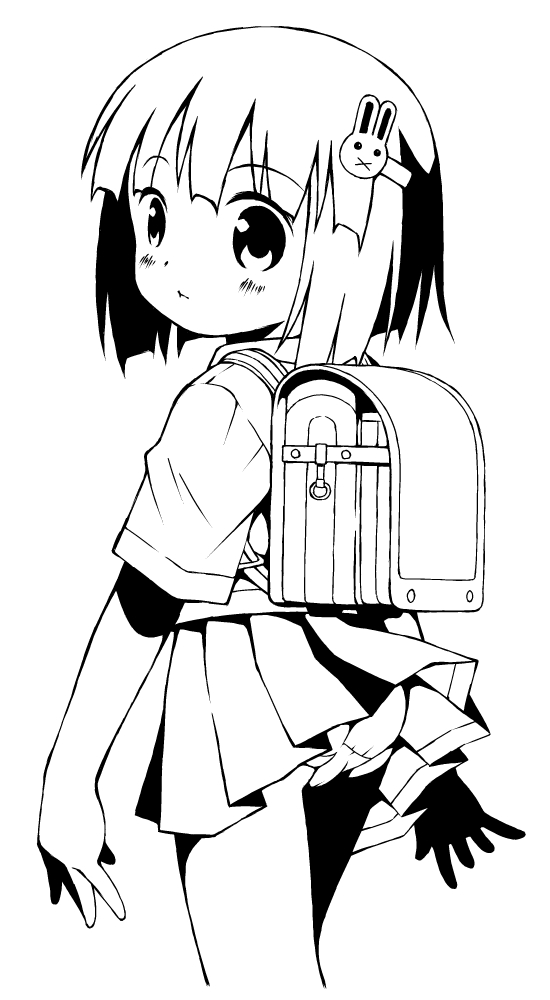 1girl animal_hair_ornament ass backpack bag blush from_behind hair_ornament hairclip looking_at_viewer looking_back monochrome original panties rabbit_hair_ornament randoseru sakemasu school_uniform shirt short_hair short_sleeves skirt standing underwear wind wind_lift