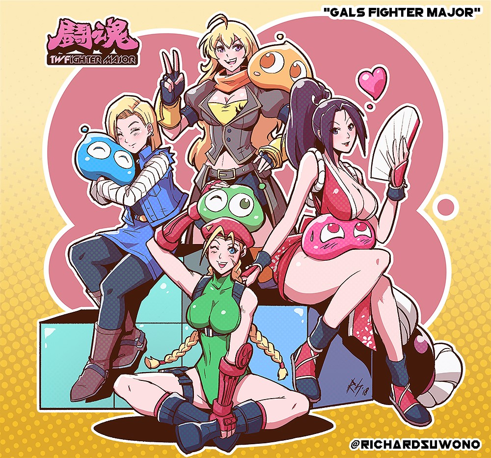 4girls android_18 artist_name beret bike_shorts blonde_hair boots braid breasts brown_hair cammy_white capcom cleavage covered_navel crossover dragon_ball dress fatal_fury fingerless_gloves gloves hand_fan hand_on_own_hip happy hat highres hug jacket japanese_clothes large_breasts leather leather_jacket legs leotard long_hair looking_at_viewer madou_monogatari midriff multiple_girls navel one_eye_closed open_clothes open_jacket pantyhose parted_lips ponytail puyo_(puyopuyo) puyopuyo red_lips rwby sega shiranui_mai sitting skirt smile snk street_fighter teeth the_king_of_fighters thick_thighs thighs tongue twin_braids v wink yang_xiao_long