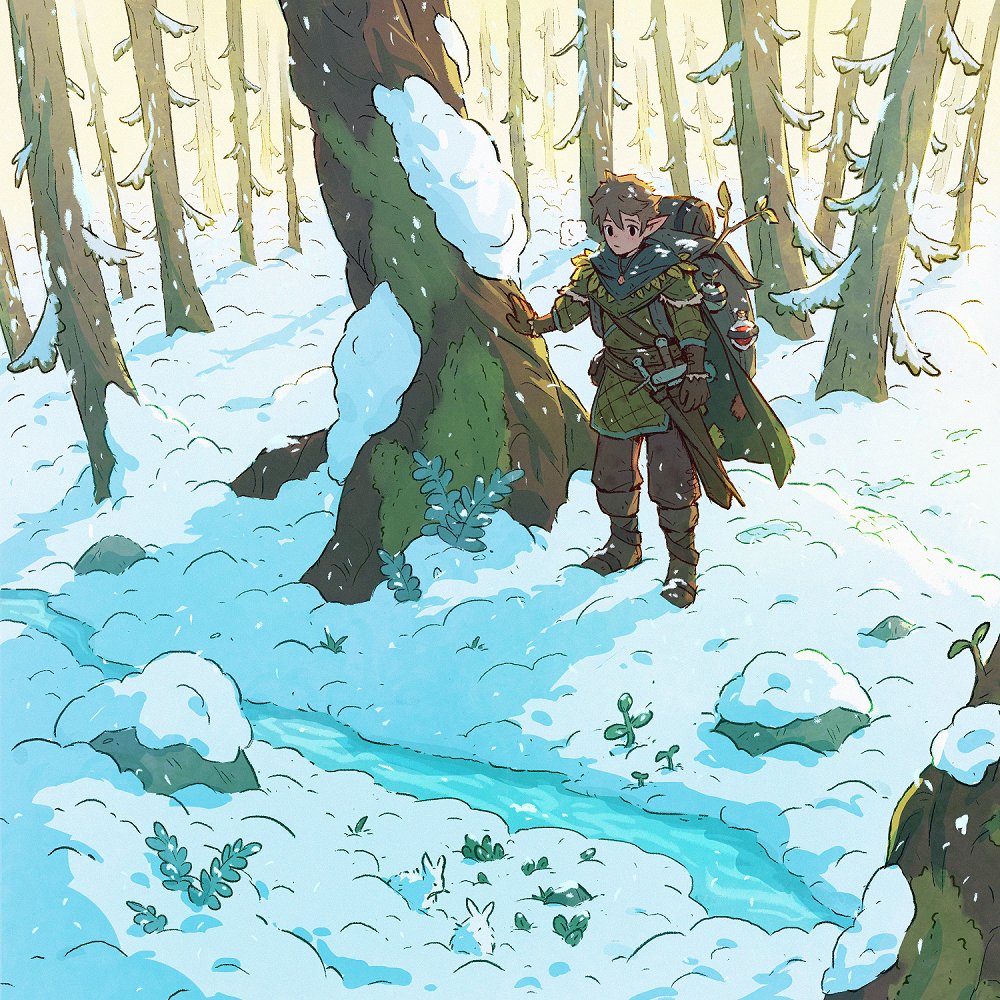 1boy backpack bag boots branch brown_hair cloak elf forest gambeson gloves jewelry nature necklace original patchwork_clothes pointy_ears potion short_hair snow snowing solo stream sword underpalewater weapon winter