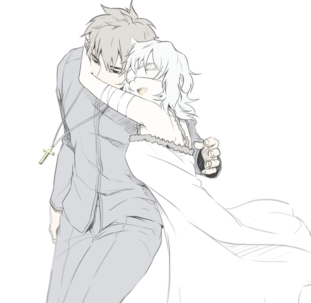 1boy 1girl bad_id bad_pixiv_id bandages claudia_hortensia couple cross cross_necklace dress eyepatch fate/zero fate_(series) hetero hug husband_and_wife jewelry kotomine_kirei necklace partially_colored sake_(kadai) short_hair wavy_hair