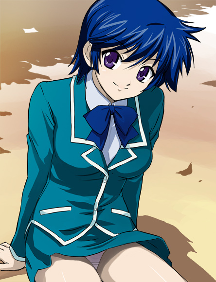 00s 1girl blue_hair female_focus haruyama_kazunori kaze_no_stigma kudou_nanase panties purple_eyes school_uniform serafuku short_hair sitting solo underwear