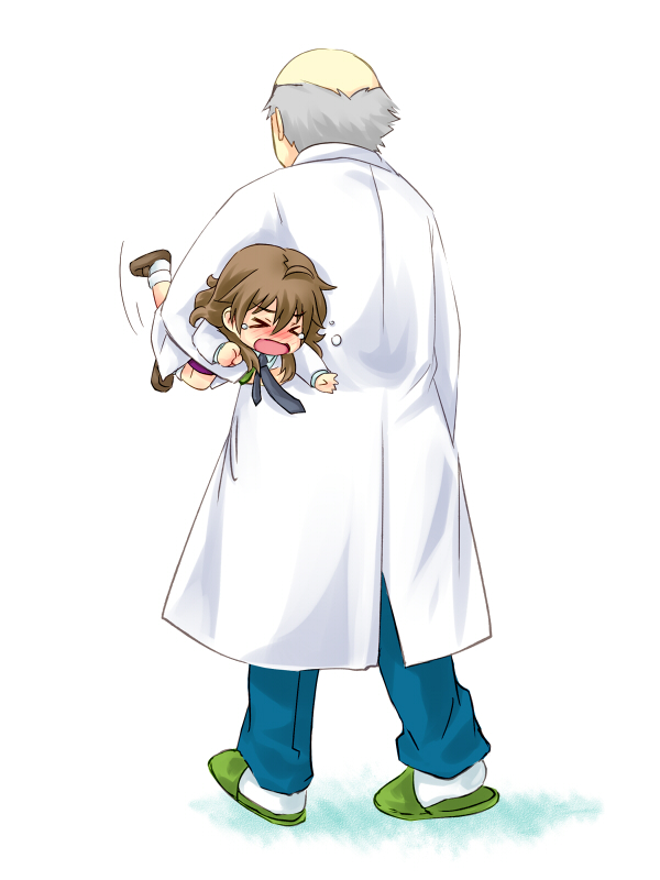 &gt;_&lt; 1boy 1girl arm_around_waist brown_hair carrying carrying_under_arm chibi commentary closed_eyes heaven_canceller kiyama_harumi lab_coat long_hair necktie old old_man piku slippers tears toaru_kagaku_no_railgun toaru_majutsu_no_index