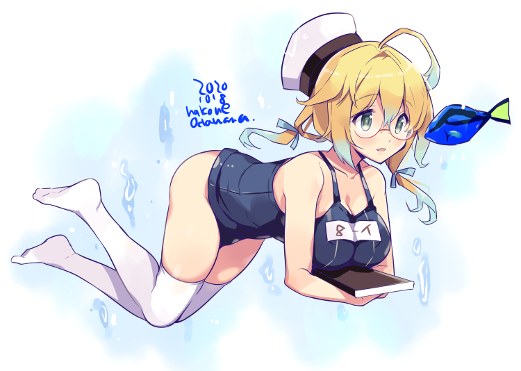 1girl ahoge animal black_one-piece_swimsuit blonde_hair blush book breasts cleavage collarbone dated fish glasses gradient_hair green_eyes hair_between_eyes hat i-8_(kancolle) kantai_collection large_breasts long_hair low_twintails multicolored_hair name_tag odawara_hakone one-piece_swimsuit peaked_cap red-framed_eyewear school_swimsuit solo swimsuit thighhighs twintails twitter_username white_hat white_thighhighs