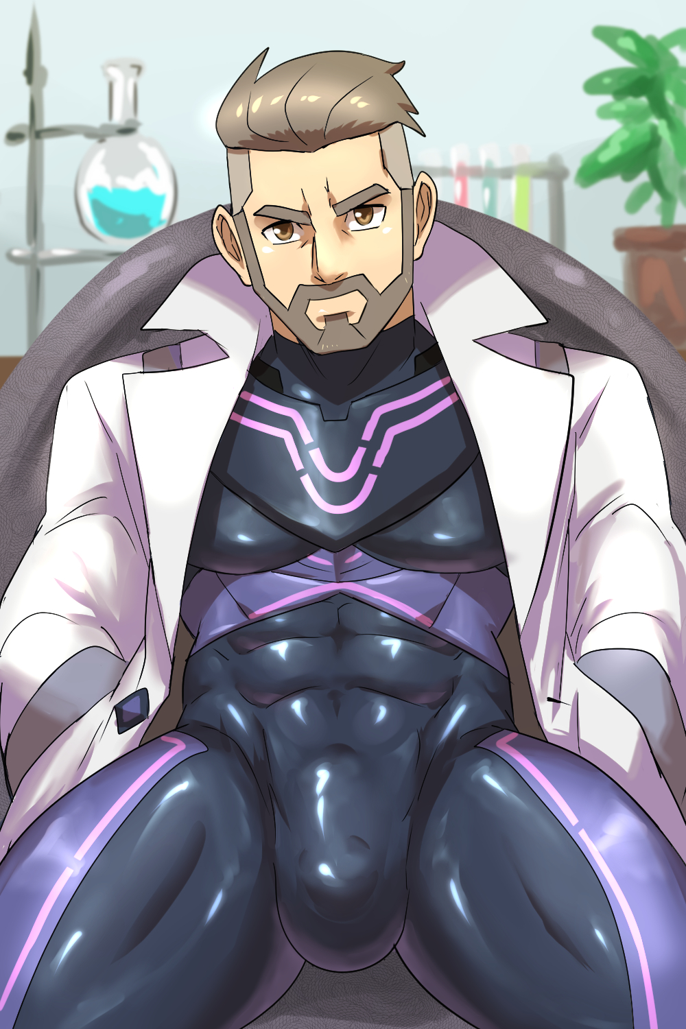 1boy bara beard black_bodysuit bodysuit bulge closed_mouth coat covered_abs creatures_(company) facial_hair game_freak highres lab_coat large_pectorals looking_at_viewer male_focus multicolored_bodysuit multicolored_clothes muscular muscular_male nintendo open_clothes open_coat pectorals pink_bodysuit pokemon pokemon_sv purple_bodysuit short_hair sitting solo thick_thighs thighs turo_(pokemon) undercut weedwolfeatmeat