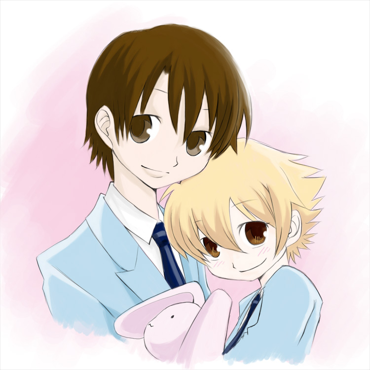 00s 1boy 1girl :3 blazer blonde_hair brown_eyes collared_shirt fujioka_haruhi hair_between_eyes haninozuka_mitsukuni jacket katou_kouki looking_at_viewer necktie ouran_high_school_host_club pink_background shirt simple_background smile stuffed_animal stuffed_rabbit stuffed_toy upper_body white_shirt