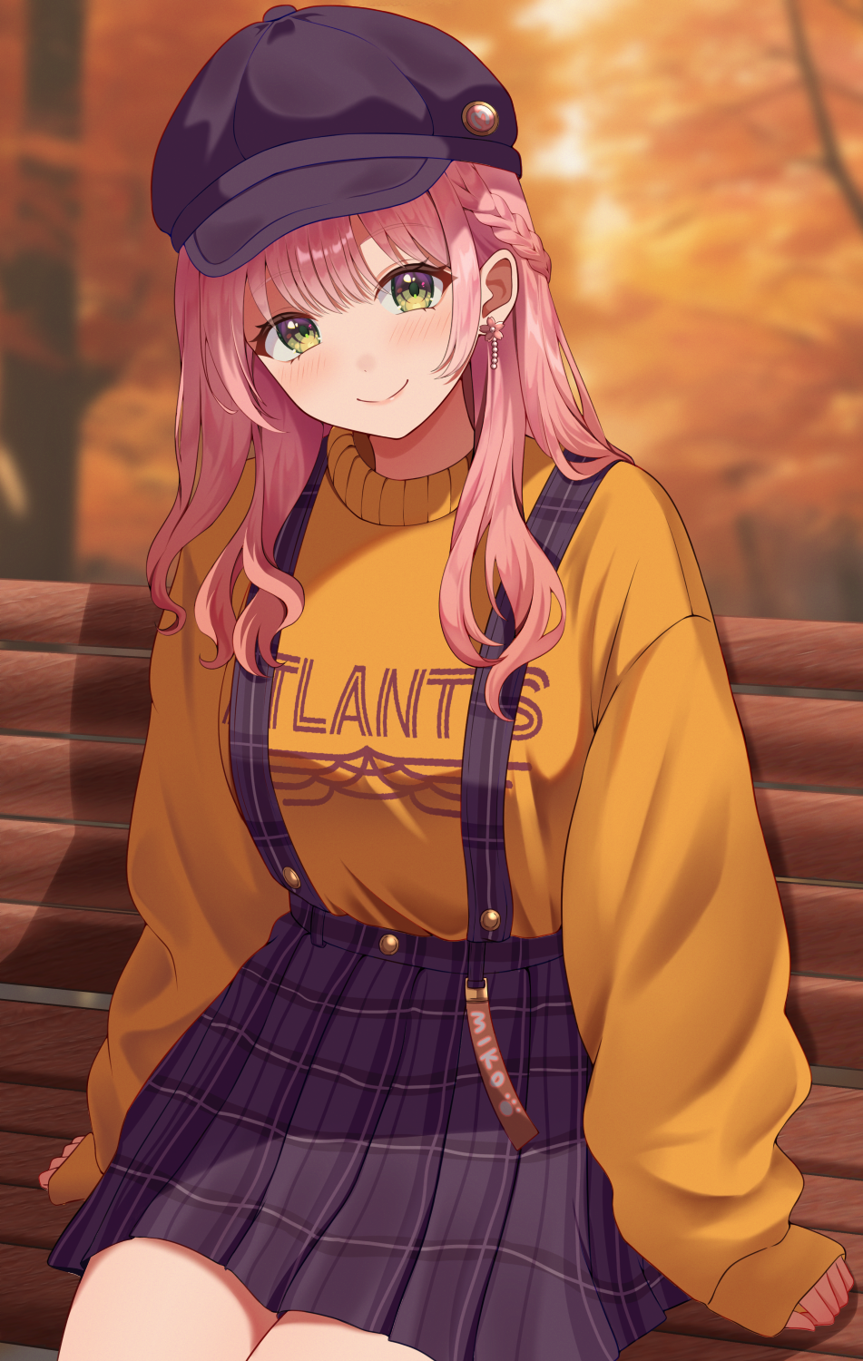 1girl autumn autumn_leaves bench black_hat blush closed_mouth commentary earrings eyelashes flower_earrings green_eyes hat highres hololive jewelry leaf long_hair long_sleeves looking_at_viewer nametakeko on_bench park_bench pink_hair pink_lips sakura_miko sitting skirt sleeves_past_wrists smile solo suspender_skirt suspenders sweater upper_body virtual_youtuber yellow_sweater