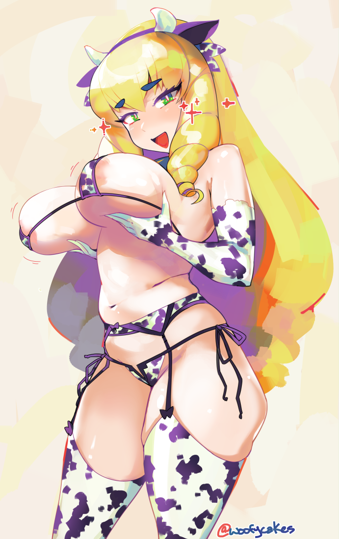 1girl 2021 :d animal_ears animal_print areola_slip artist_name bikini blonde_hair blush breasts cow_ears cow_girl cow_horns cow_print cow_print_bikini drill_hair fake_animal_ears female_focus garter_belt garter_straps grabbing_own_breast green_eyes horns long_hair looking_at_viewer marielle_(woofycakes) micro_bikini naughty_face navel open_mouth original print_bikini shiny_clothes shiny_skin side-tie_bikini_bottom smile solo sparkle standing swimsuit thick_eyebrows thighhighs twitter_username underboob woofycakes