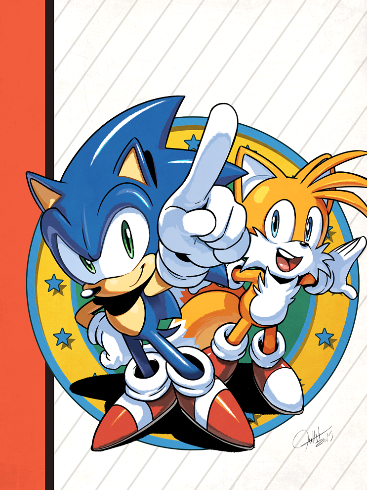 2boys blue_eyes derivative_work furry furry_male gloves green_eyes hand_on_own_hip male_focus multiple_boys official_art open_mouth pointing signature smile sonic_(series) sonic_the_hedgehog star_(symbol) tails_(sonic) tyson_hesse white_gloves