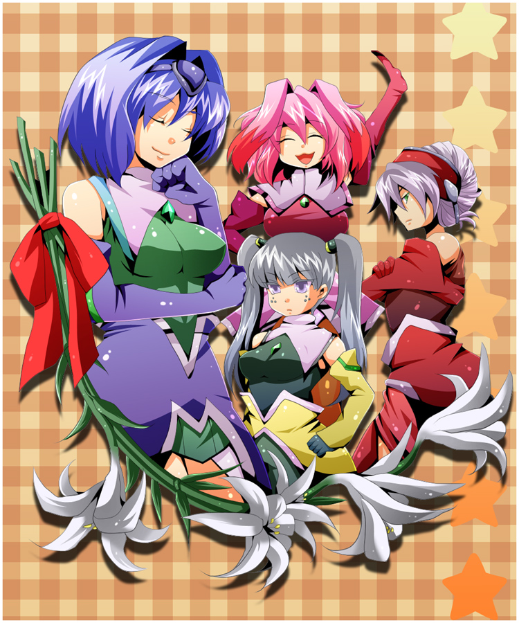 4girls :d ^_^ arm_up bad_id bad_pixiv_id blush checkered_background closed_eyes dominia_yizkor flower hairband hcsb hong_meiling jitome kelvena kelvena_(xenogears) multiple_girls open_mouth pink_hair plant purple_hair seraphita seraphita_(xenogears) short_hair silver_hair simple_background smile spiked_hair star_(symbol) tolone tolone_(xenogears) twintails xenogears