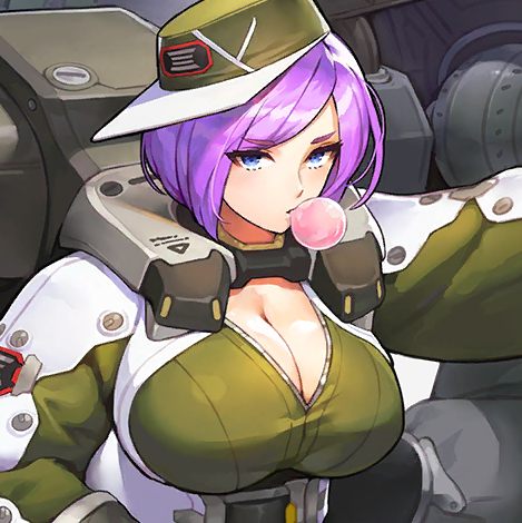 1girl bloody_panther_(last_origin) blowing_bubbles blue_eyes breasts chewing_gum cleavage female_focus game_cg green_hat green_jacket hat jacket kakiman large_breasts last_origin looking_at_viewer machinery official_art parted_bangs peaked_cap power_suit purple_hair short_hair transparent_background upper_body