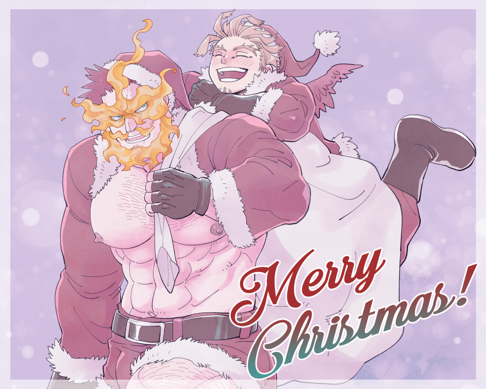 2boys alternate_costume bara bare_pectorals beard blonde_hair boku_no_hero_academia bulge chest_hair christmas couple endeavor_(boku_no_hero_academia) facial_hair feathered_wings fire gift_bag hat hawks_(boku_no_hero_academia) large_pectorals leg_hair male_focus mature_male merry_christmas multiple_boys muscular muscular_male navel nipples pectorals red_hair santa_costume santa_hat scar scar_across_eye scar_on_face sekijaku short_hair shrug_(clothing) size_difference spiked_hair stubble thick_thighs thighs wings yaoi