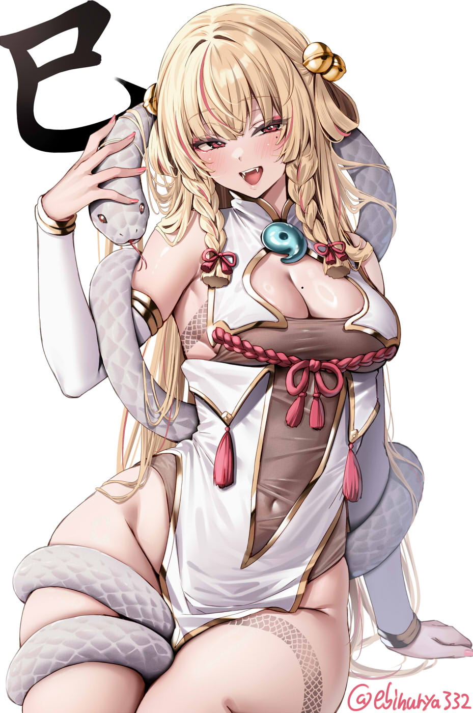 1girl bell blonde_hair blush braid breasts china_dress chinese_clothes chinese_zodiac cleavage cleavage_cutout clothing_cutout commentary_request covered_navel detached_sleeves dress ebifurya hair_bell hair_ornament hair_ribbon hair_rings hand_up highres large_breasts leg_tattoo long_hair looking_at_viewer magatama mole mole_on_breast mole_under_eye multicolored_hair open_mouth original pelvic_curtain red_eyes ribbon snake streaked_hair tassel tattoo tress_ribbon twin_braids twitter_username very_long_hair white_background white_dress year_of_the_snake