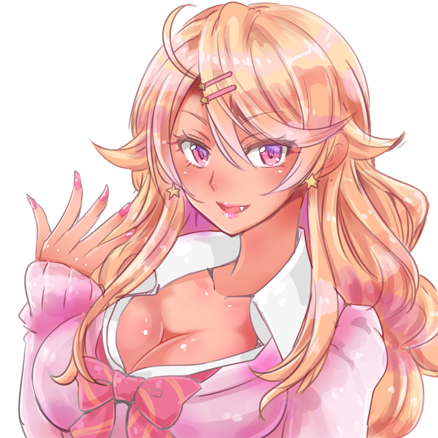 1girl artist_request blonde_hair breasts cleavage dark_skin fang gyaru large_breasts long_hair looking_at_viewer makeup no_bra ouga_saki school_uniform shiny_skin simple_background smile upper_body virtual_youtuber