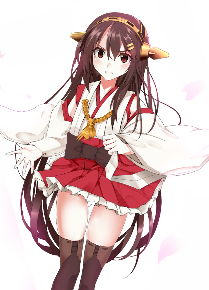 10s 1girl bad_id bad_pixiv_id bare_shoulders black_thighhighs blouse breasts brown_eyes brown_hair detached_sleeves female_focus hair_ornament hairband haruna_(kancolle) headgear japanese_clothes kantai_collection kurume_shou long_hair nontraditional_miko panties pantyshot shirt skirt smile solo thighhighs underwear upskirt very_long_hair white_panties